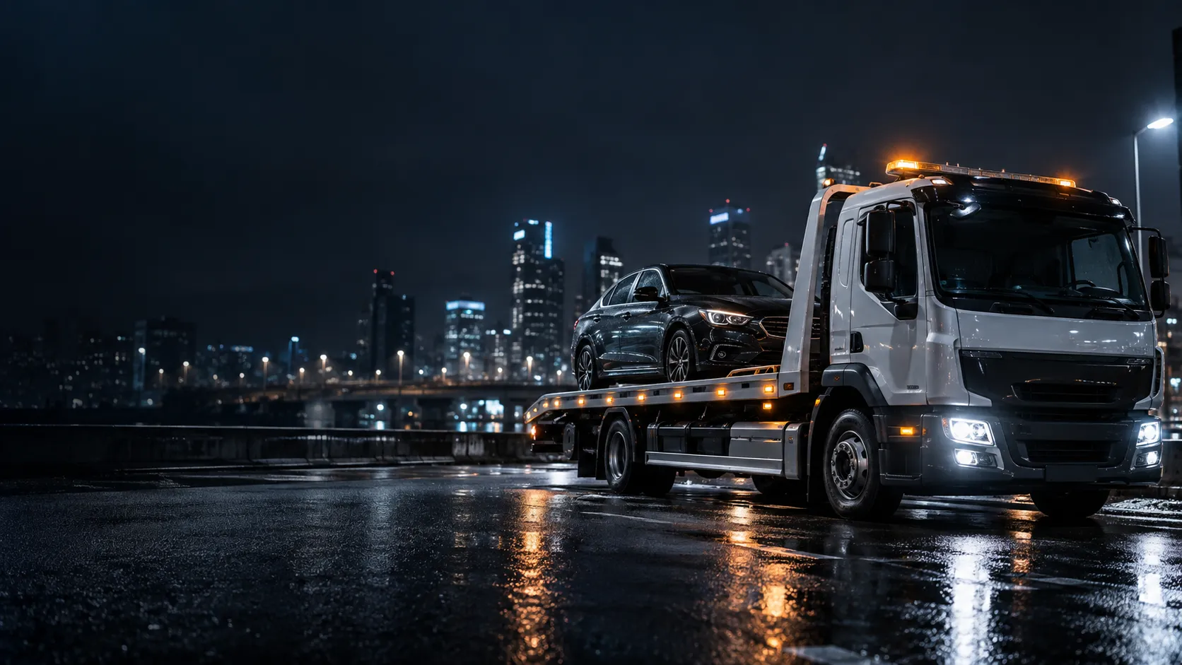 Caminhão guincho plataforma transportando um carro em atendimento noturno